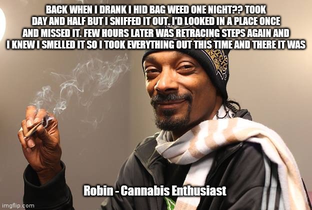 Snoop Dogg | BACK WHEN I DRANK I HID BAG WEED ONE NIGHT?? TOOK DAY AND HALF BUT I SNIFFED IT OUT. I'D LOOKED IN A PLACE ONCE AND MISSED IT. FEW HOURS LATER WAS RETRACING STEPS AGAIN AND I KNEW I SMELLED IT SO I TOOK EVERYTHING OUT THIS TIME AND THERE IT WAS; Robin - Cannabis Enthusiast | image tagged in snoop dogg | made w/ Imgflip meme maker