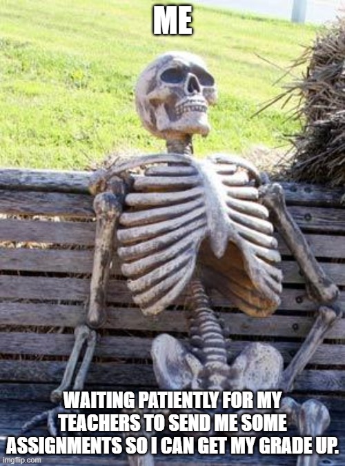 Waiting Skeleton | ME; WAITING PATIENTLY FOR MY TEACHERS TO SEND ME SOME ASSIGNMENTS SO I CAN GET MY GRADE UP. | image tagged in memes,waiting skeleton | made w/ Imgflip meme maker