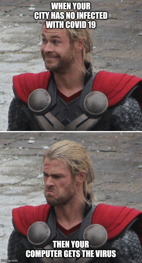 Thor happy then sad | WHEN YOUR CITY HAS NO INFECTED WITH COVID 19; THEN YOUR COMPUTER GETS THE VIRUS | image tagged in thor happy then sad | made w/ Imgflip meme maker
