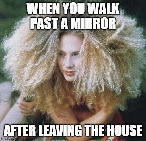 bad hair day | WHEN YOU WALK PAST A MIRROR; AFTER LEAVING THE HOUSE | image tagged in bad hair day | made w/ Imgflip meme maker