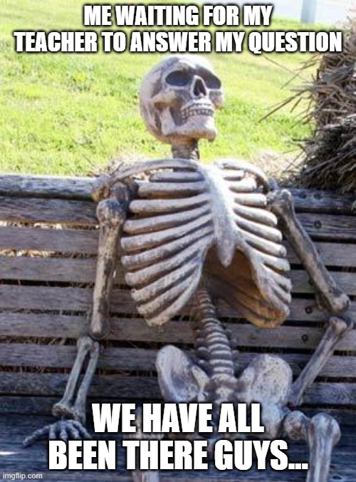 Waiting Skeleton Meme | ME WAITING FOR MY TEACHER TO ANSWER MY QUESTION; WE HAVE ALL BEEN THERE GUYS... | image tagged in memes,waiting skeleton | made w/ Imgflip meme maker
