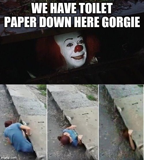 Penny Wise Pick Up Lines | WE HAVE TOILET PAPER DOWN HERE GORGIE | image tagged in penny wise pick up lines | made w/ Imgflip meme maker