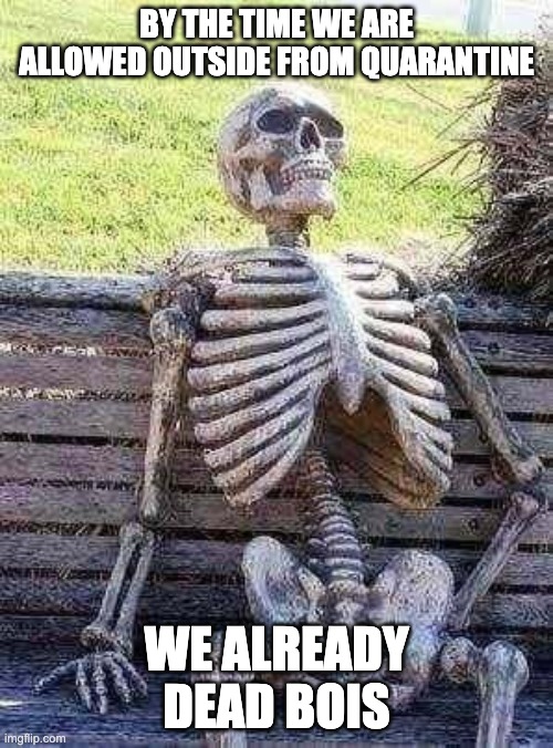Waiting Skeleton Meme | BY THE TIME WE ARE ALLOWED OUTSIDE FROM QUARANTINE; WE ALREADY DEAD BOIS | image tagged in memes,waiting skeleton,funny,dead,coronavirus,quarantine | made w/ Imgflip meme maker