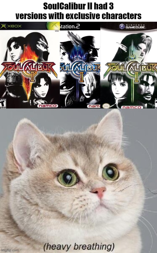 HOW THE F*** AM I SUPPOSE TO CHOOSE?! | SoulCalibur II had 3 versions with exclusive characters | image tagged in memes,heavy breathing cat,tekken,legend of zelda,link,funny | made w/ Imgflip meme maker