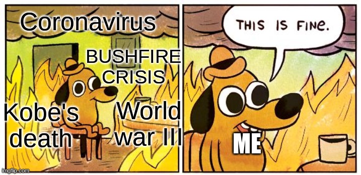 2020 is an unlucky year | Coronavirus; BUSHFIRE CRISIS; World war III; Kobe's death; ME | image tagged in memes,this is fine | made w/ Imgflip meme maker