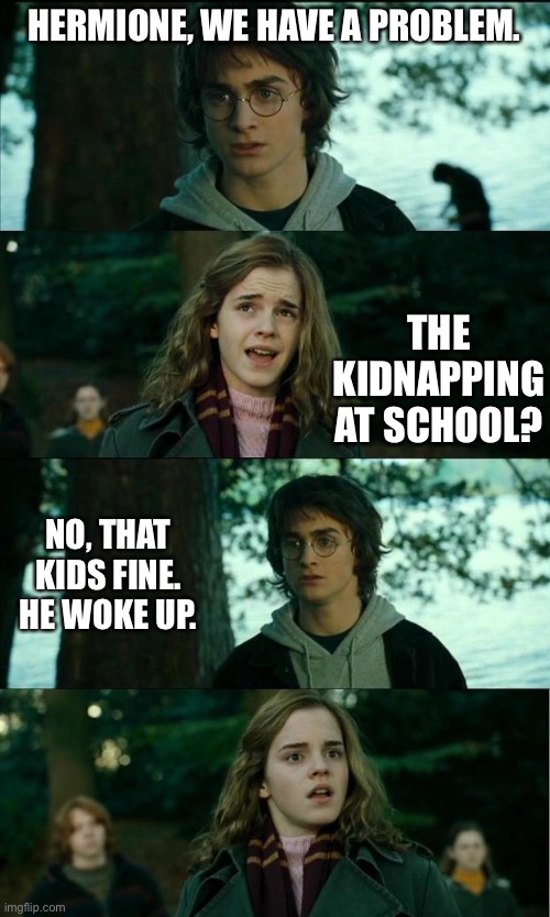 Harry potter idk why | HERMIONE, WE HAVE A PROBLEM. THE KIDNAPPING AT SCHOOL? NO, THAT KIDS FINE. HE WOKE UP. | image tagged in memes,stupid jokes | made w/ Imgflip meme maker