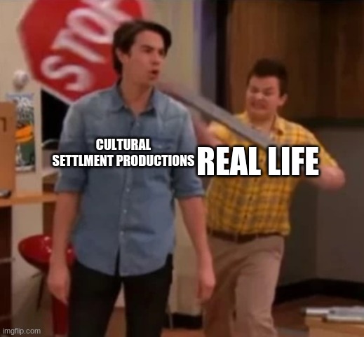 Gibby hitting Spencer with a stop sign | CULTURAL SETTLMENT PRODUCTIONS; REAL LIFE | image tagged in gibby hitting spencer with a stop sign | made w/ Imgflip meme maker