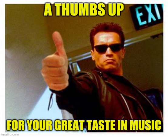 terminator thumbs up | A THUMBS UP FOR YOUR GREAT TASTE IN MUSIC | image tagged in terminator thumbs up | made w/ Imgflip meme maker