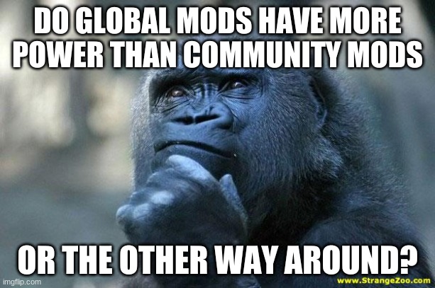 Deep Thoughts | DO GLOBAL MODS HAVE MORE POWER THAN COMMUNITY MODS; OR THE OTHER WAY AROUND? | image tagged in deep thoughts | made w/ Imgflip meme maker