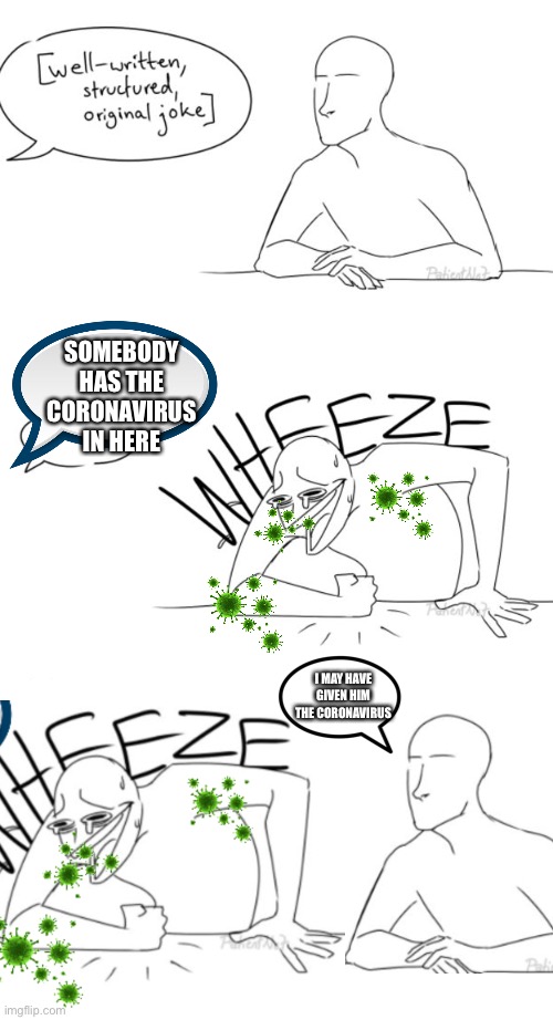 Wheeze | SOMEBODY HAS THE CORONAVIRUS IN HERE; I MAY HAVE GIVEN HIM THE CORONAVIRUS | image tagged in wheeze | made w/ Imgflip meme maker