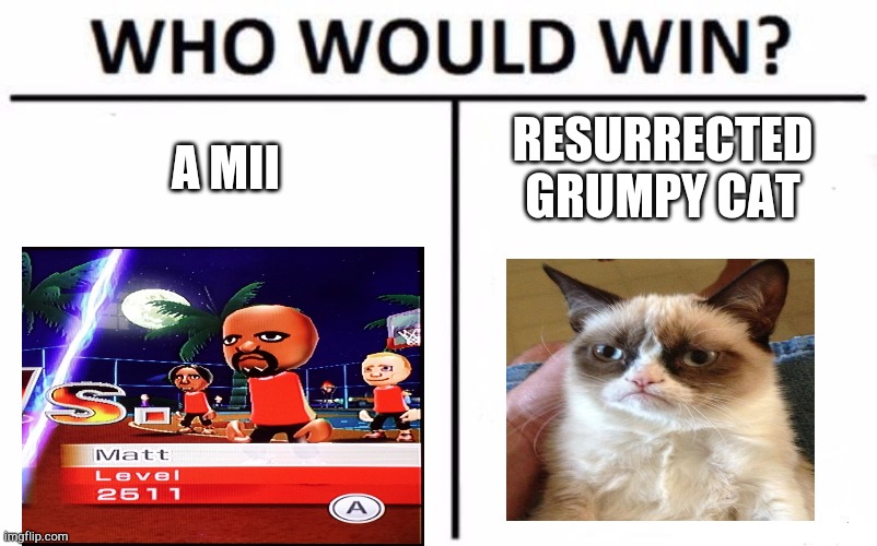 Who Would Win? Meme | A MII; RESURRECTED GRUMPY CAT | image tagged in memes,who would win | made w/ Imgflip meme maker