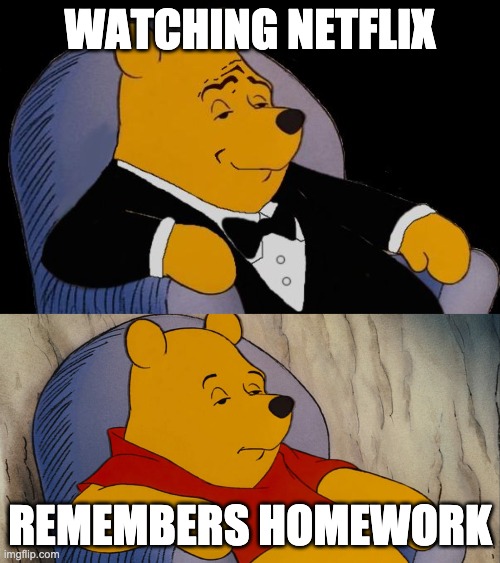 WATCHING NETFLIX; REMEMBERS HOMEWORK | image tagged in winnie the pooh,funny animals,tv | made w/ Imgflip meme maker
