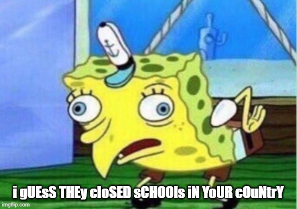 Mocking Spongebob Meme | i gUEsS THEy cloSED sCHOOls iN YoUR cOuNtrY | image tagged in memes,mocking spongebob | made w/ Imgflip meme maker