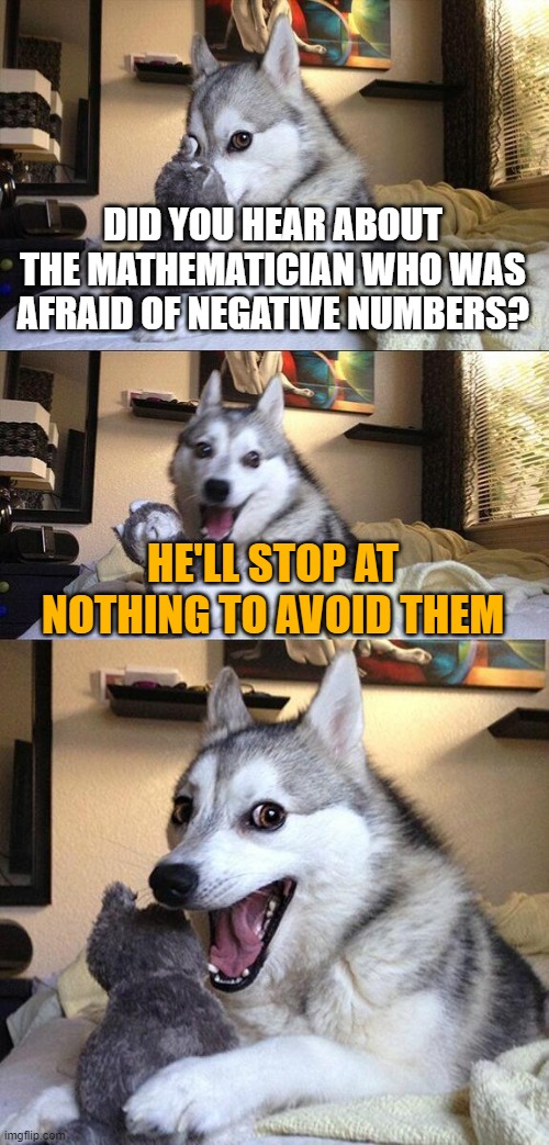 Bad Pun Dog | DID YOU HEAR ABOUT THE MATHEMATICIAN WHO WAS AFRAID OF NEGATIVE NUMBERS? HE'LL STOP AT NOTHING TO AVOID THEM | image tagged in memes,bad pun dog | made w/ Imgflip meme maker