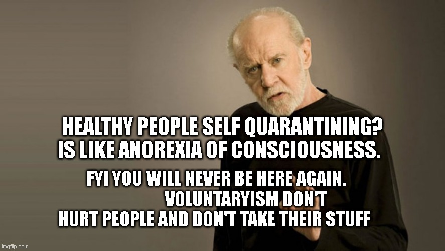 If only Carlin were alive | HEALTHY PEOPLE SELF QUARANTINING? IS LIKE ANOREXIA OF CONSCIOUSNESS. FYI YOU WILL NEVER BE HERE AGAIN.                  VOLUNTARYISM DON'T HURT PEOPLE AND DON'T TAKE THEIR STUFF | image tagged in if only carlin were alive | made w/ Imgflip meme maker