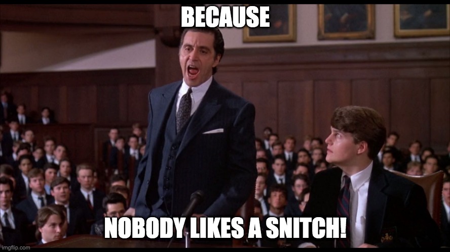 Frank Slade No Snitches | BECAUSE; NOBODY LIKES A SNITCH! | image tagged in al pacino scent of a woman | made w/ Imgflip meme maker