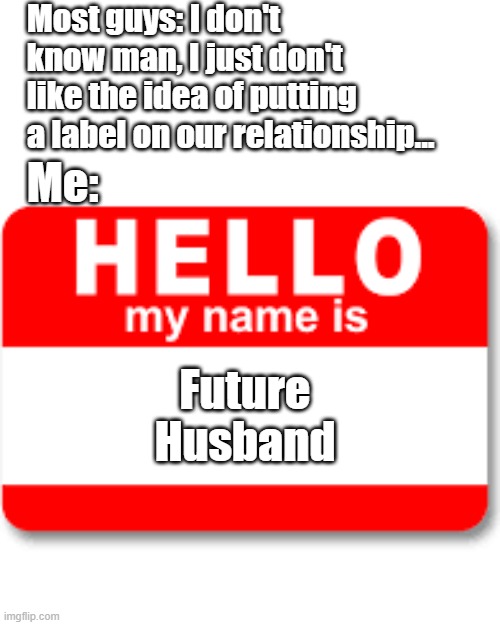 Hello Tag | Most guys: I don't know man, I just don't like the idea of putting a label on our relationship... Me:; Future Husband | image tagged in hello tag | made w/ Imgflip meme maker