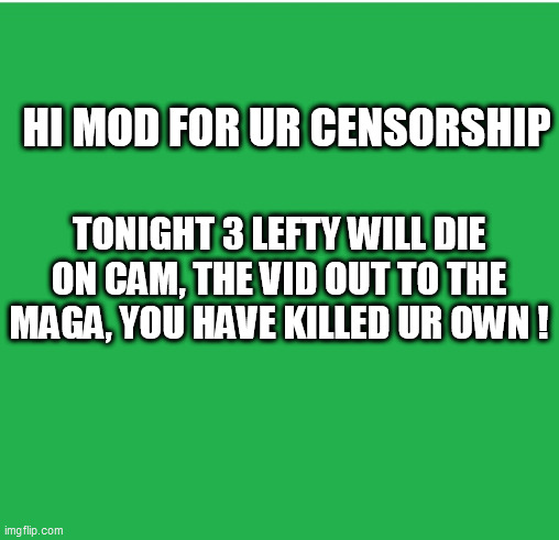 Green Screen | HI MOD FOR UR CENSORSHIP; TONIGHT 3 LEFTY WILL DIE ON CAM, THE VID OUT TO THE MAGA, YOU HAVE KILLED UR OWN ! | image tagged in green screen | made w/ Imgflip meme maker
