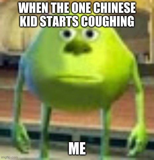 Sully Wazowski | WHEN THE ONE CHINESE KID STARTS COUGHING; ME | image tagged in sully wazowski | made w/ Imgflip meme maker