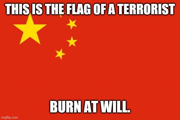 china flag | THIS IS THE FLAG OF A TERRORIST; BURN AT WILL. | image tagged in china flag | made w/ Imgflip meme maker