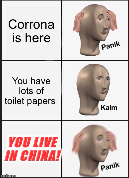 Panik Kalm Panik | Corrona is here; You have lots of toilet papers; YOU LIVE IN CHINA! | image tagged in memes,panik kalm panik | made w/ Imgflip meme maker