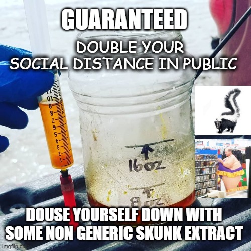 Double Your Social Distance | GUARANTEED; DOUBLE YOUR SOCIAL DISTANCE IN PUBLIC; DOUSE YOURSELF DOWN WITH SOME NON GENERIC SKUNK EXTRACT | image tagged in coronavirus,skunk | made w/ Imgflip meme maker