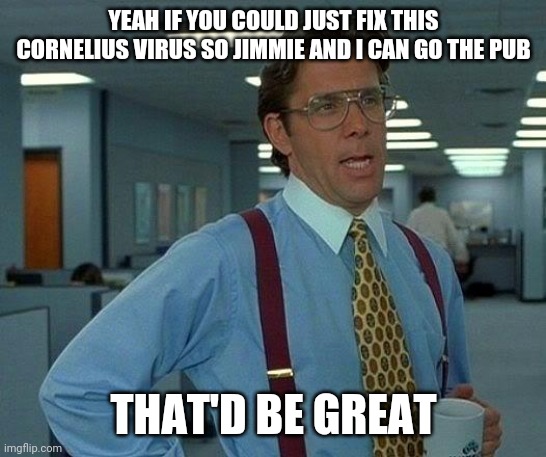 That Would Be Great | YEAH IF YOU COULD JUST FIX THIS CORNELIUS VIRUS SO JIMMIE AND I CAN GO THE PUB; THAT'D BE GREAT | image tagged in memes,that would be great | made w/ Imgflip meme maker