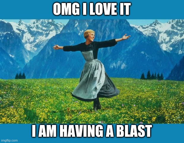 the sound of music happiness | OMG I LOVE IT; I AM HAVING A BLAST | image tagged in the sound of music happiness | made w/ Imgflip meme maker