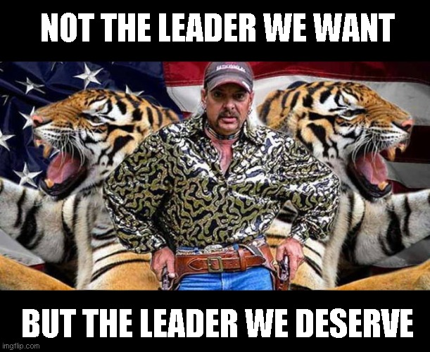 NOT THE LEADER WE WANT; BUT THE LEADER WE DESERVE | image tagged in tiger king,leader,joe exotic | made w/ Imgflip meme maker