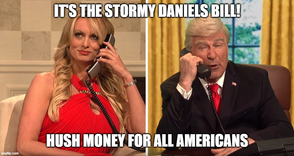 New Name for the $250 Billion Direct Payments to Americans | IT'S THE STORMY DANIELS BILL! HUSH MONEY FOR ALL AMERICANS | image tagged in hush money,coronavirus,stormy daniels,trump bill signing,little mushroom head,money | made w/ Imgflip meme maker