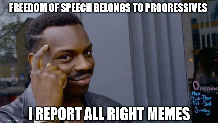 Roll Safe Think About It | FREEDOM OF SPEECH BELONGS TO PROGRESSIVES; I REPORT ALL RIGHT MEMES | image tagged in memes,roll safe think about it | made w/ Imgflip meme maker