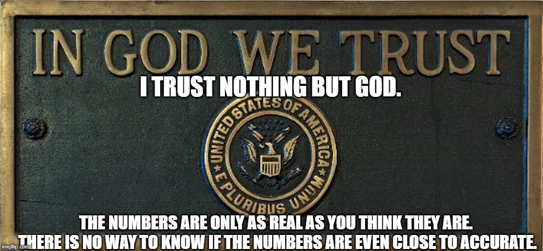 in God we trust | I TRUST NOTHING BUT GOD. THE NUMBERS ARE ONLY AS REAL AS YOU THINK THEY ARE.  THERE IS NO WAY TO KNOW IF THE NUMBERS ARE EVEN CLOSE TO ACCUR | image tagged in in god we trust | made w/ Imgflip meme maker
