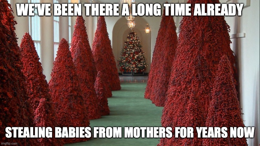 Trump Christmas Trees | WE'VE BEEN THERE A LONG TIME ALREADY STEALING BABIES FROM MOTHERS FOR YEARS NOW | image tagged in trump christmas trees | made w/ Imgflip meme maker