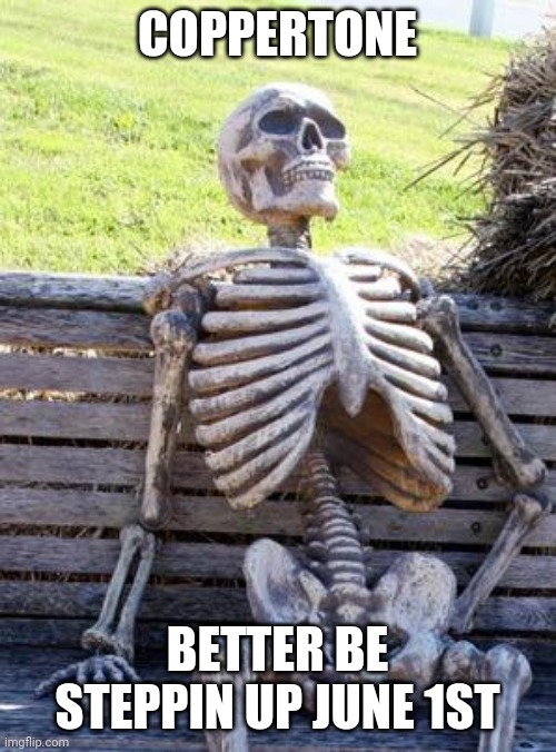 Waiting Skeleton | COPPERTONE; BETTER BE STEPPIN UP JUNE 1ST | image tagged in memes,waiting skeleton | made w/ Imgflip meme maker