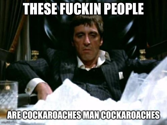 Scarface Cocaine | THESE F**KIN PEOPLE ARE COCKAROACHES MAN COCKAROACHES | image tagged in scarface cocaine | made w/ Imgflip meme maker