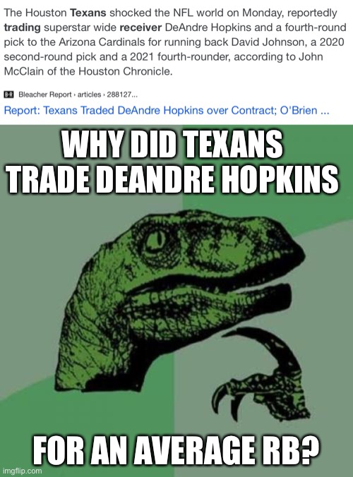 WHY DID TEXANS TRADE DEANDRE HOPKINS; FOR AN AVERAGE RB? | image tagged in memes,philosoraptor | made w/ Imgflip meme maker