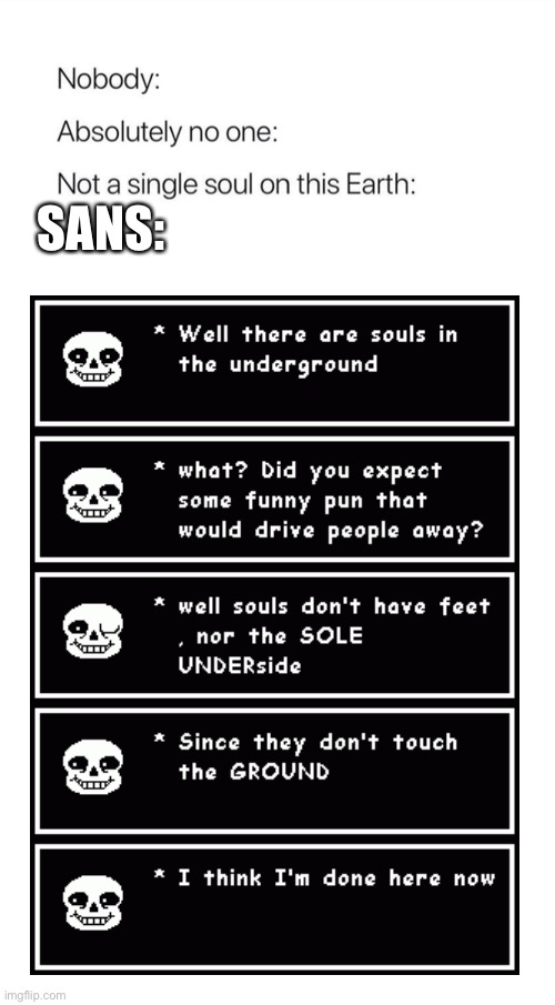 god , this was too clever of me. | SANS: | image tagged in nobody absolutely no one,sans,bones,bad pun | made w/ Imgflip meme maker