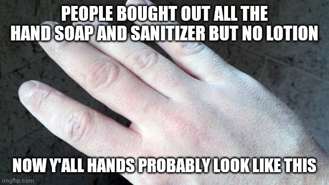 PEOPLE BOUGHT OUT ALL THE HAND SOAP AND SANITIZER BUT NO LOTION; NOW Y'ALL HANDS PROBABLY LOOK LIKE THIS | image tagged in fun | made w/ Imgflip meme maker