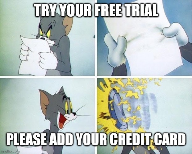 Tom and Jerry custard pie | TRY YOUR FREE TRIAL; PLEASE ADD YOUR CREDIT CARD | image tagged in tom and jerry custard pie | made w/ Imgflip meme maker