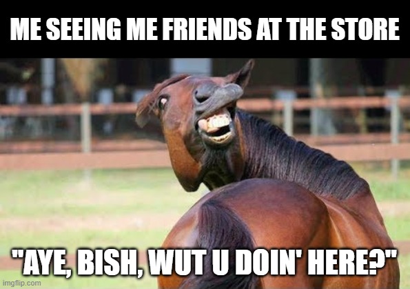 B'Day Memes | ME SEEING ME FRIENDS AT THE STORE; "AYE, BISH, WUT U DOIN' HERE?" | image tagged in b'day memes | made w/ Imgflip meme maker