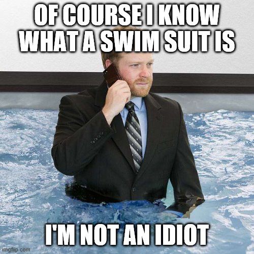 sWiM sUiT | OF COURSE I KNOW WHAT A SWIM SUIT IS; I'M NOT AN IDIOT | image tagged in water | made w/ Imgflip meme maker
