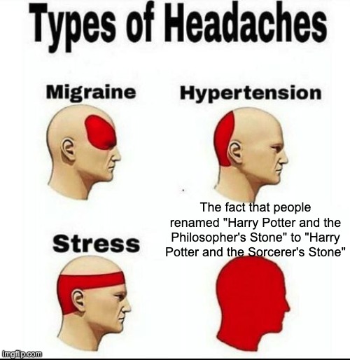 Harry Potter And The Chamber of Headaches | The fact that people renamed "Harry Potter and the Philosopher's Stone" to "Harry Potter and the Sorcerer's Stone" | image tagged in types of headaches meme,harry potter,harry potter and the philosopher's stone,harry potter and the sorcerer's stone,memes | made w/ Imgflip meme maker