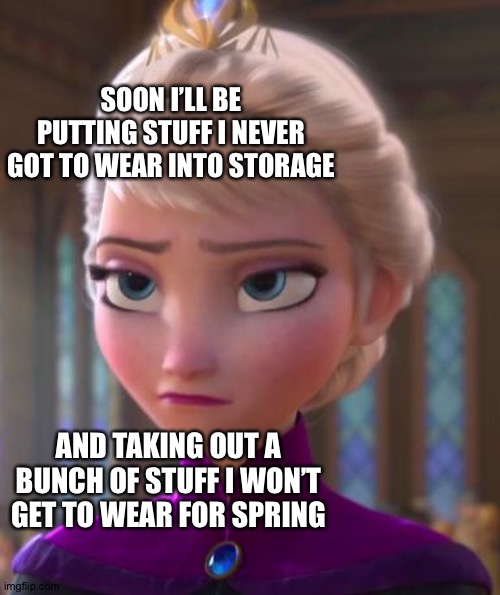 Seriously face  | SOON I’LL BE PUTTING STUFF I NEVER GOT TO WEAR INTO STORAGE; AND TAKING OUT A BUNCH OF STUFF I WON’T GET TO WEAR FOR SPRING | image tagged in seriously face | made w/ Imgflip meme maker