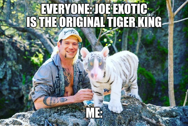 Tiger King | EVERYONE: JOE EXOTIC IS THE ORIGINAL TIGER KING; ME: | image tagged in tiger king,memes,funny cats,funny cat memes,joe exotic,i saw a tiger | made w/ Imgflip meme maker