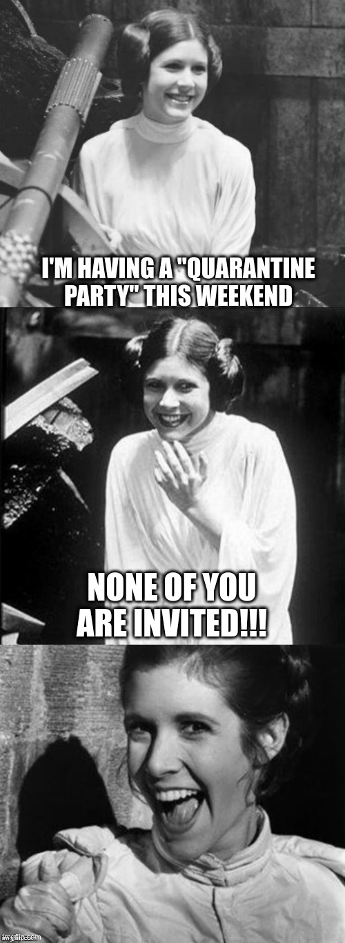 Princess Leia Puns | I'M HAVING A "QUARANTINE PARTY" THIS WEEKEND; NONE OF YOU ARE INVITED!!! | image tagged in princess leia puns | made w/ Imgflip meme maker