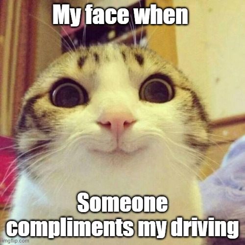 Smiling Cat | My face when; Someone compliments my driving | image tagged in memes,smiling cat | made w/ Imgflip meme maker
