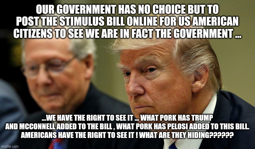 Trump McConnell | OUR GOVERNMENT HAS NO CHOICE BUT TO POST THE STIMULUS BILL ONLINE FOR US AMERICAN CITIZENS TO SEE WE ARE IN FACT THE GOVERNMENT ... ...WE HAVE THE RIGHT TO SEE IT ... WHAT PORK HAS TRUMP AND MCCONNELL ADDED TO THE BILL , WHAT PORK HAS PELOSI ADDED TO THIS BILL.
AMERICANS HAVE THE RIGHT TO SEE IT ! WHAT ARE THEY HIDING?????? | image tagged in trump mcconnell,trump,mcconnell,memes,coronavirus,covid-19 | made w/ Imgflip meme maker