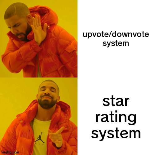Drake Hotline Bling | upvote/downvote system; star rating system | image tagged in memes,drake hotline bling | made w/ Imgflip meme maker