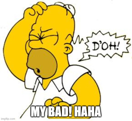 homer doh | MY BAD! HAHA | image tagged in homer doh | made w/ Imgflip meme maker