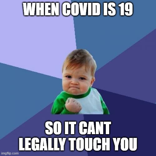 Success Kid Meme | WHEN COVID IS 19; SO IT CANT LEGALLY TOUCH YOU | image tagged in memes,success kid | made w/ Imgflip meme maker